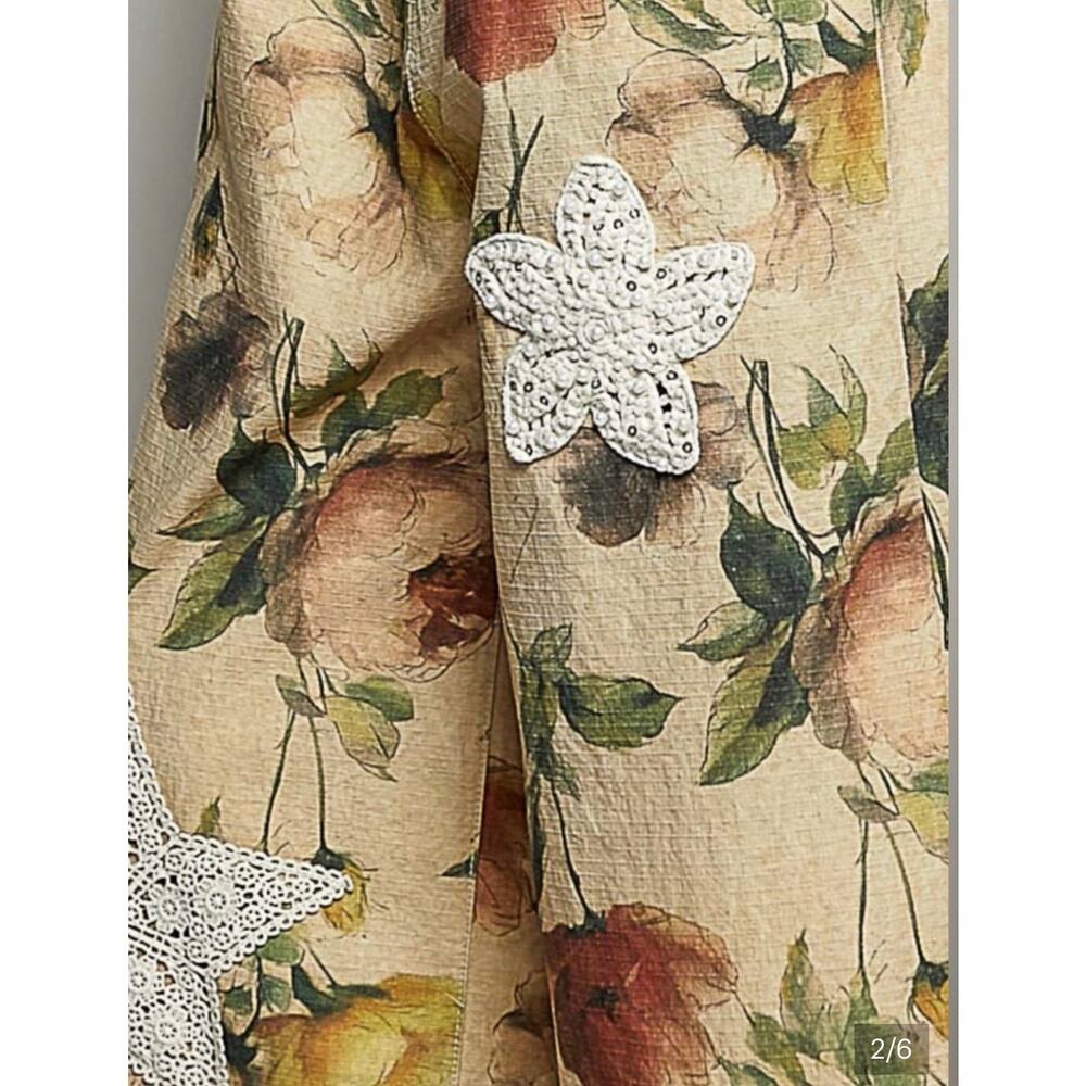 Pol Floral Wide-Leg Boho Pants in Beige with Lace Appliqué & Studs Women’s Sz S - Picture 3 of 9